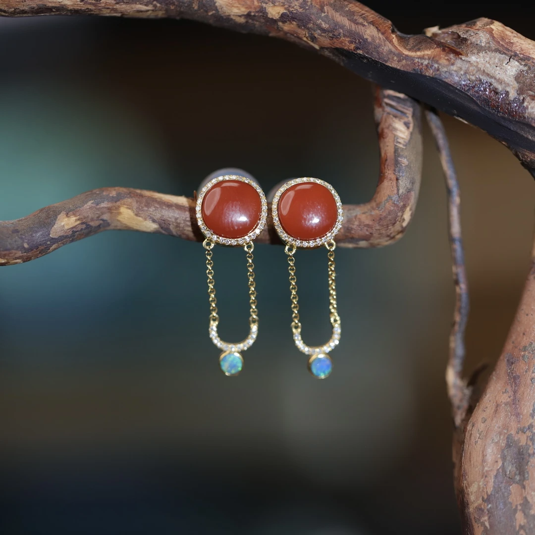 南红圆耳钉18K金设计款流苏耳饰