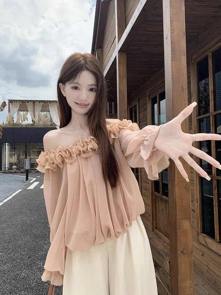 气质绝美立体花边长袖衬衫女秋季2025纯欲斜肩设计感显瘦衬衣