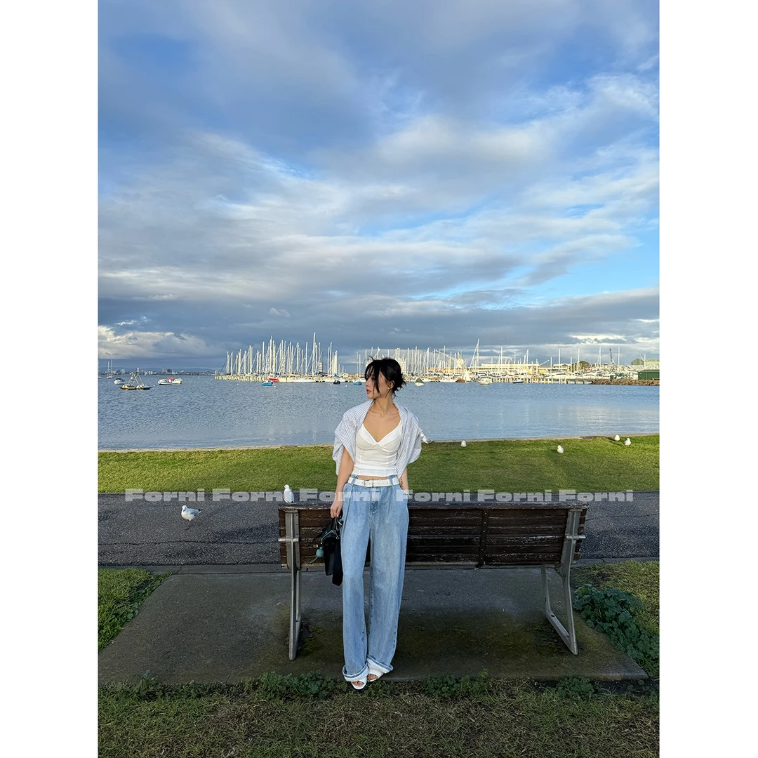 FORNI 老爹牛仔 解构无腰头毛边水洗直筒牛仔裤