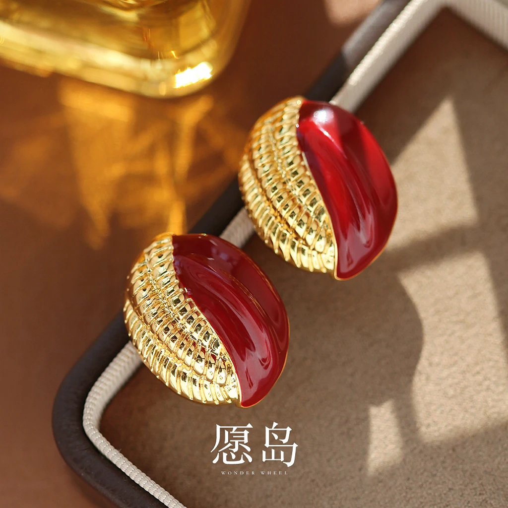 愿岛 黄铜珐琅耳饰 法式复古气质编制金属拼接珐琅彩耳钉EH2248