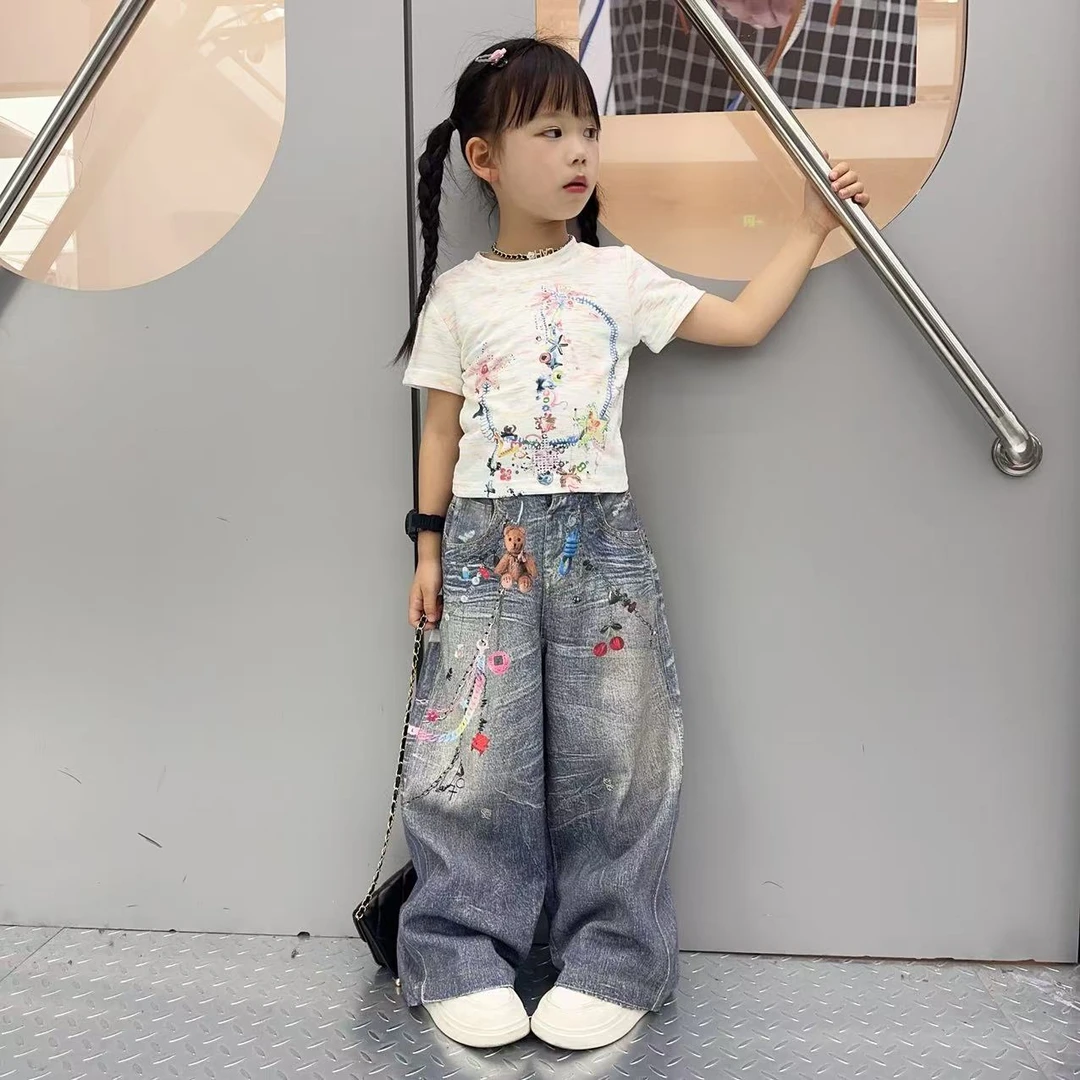 女童短袖牛仔裤套装2025年儿童涂鸦夏装两件套女孩潮tT恤长裤童装