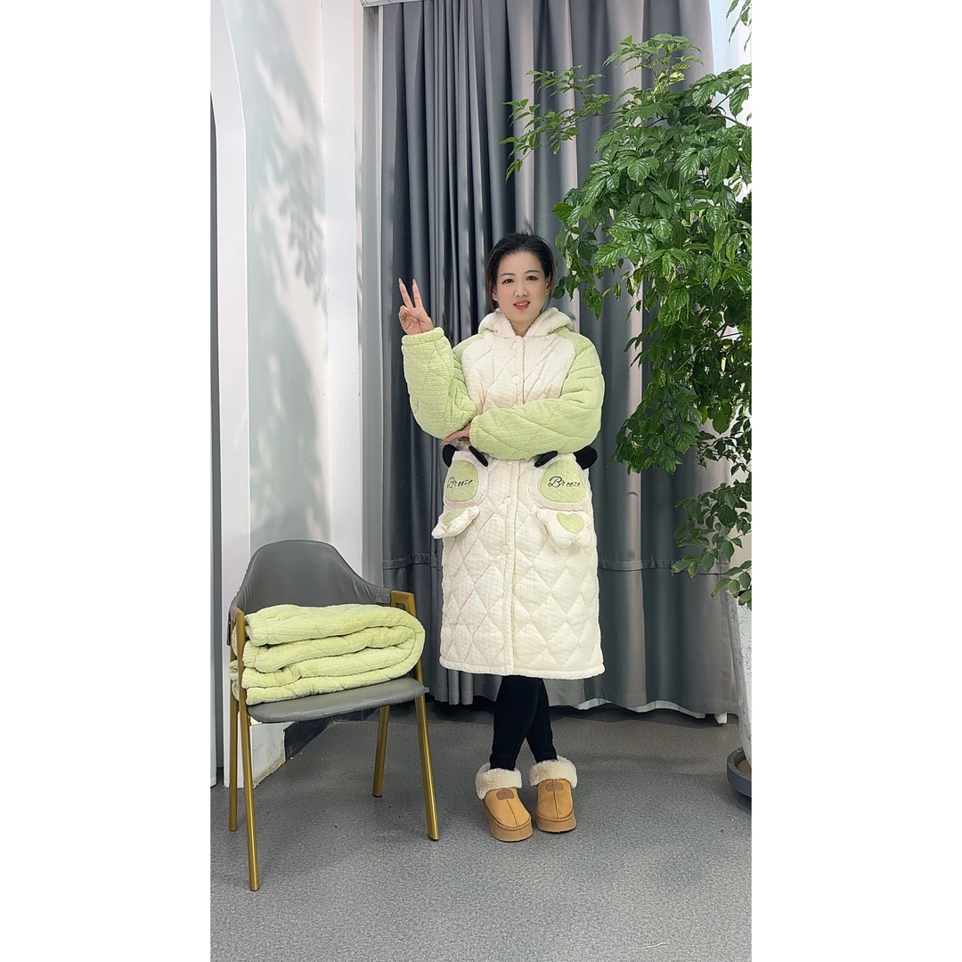 【女士长袍5901】冬季夹棉睡衣时尚三层夹棉加厚家居服套装加绒保暖