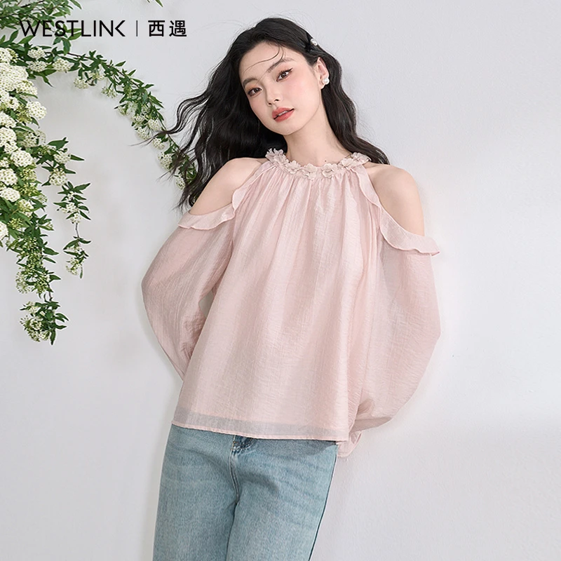 0100西遇气质优雅莱赛尔露肩重工立体花边领口衬衫女2025春季衬衣
