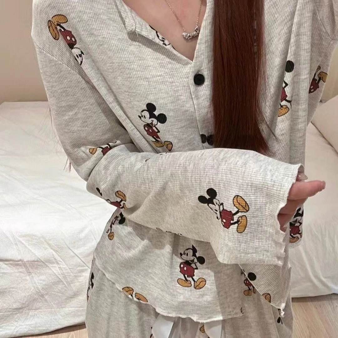 冰丝螺纹长袖长裤家居服睡衣女2025秋冬趣味米奇居家可外穿套装Z