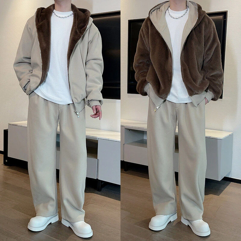 冬装运动加绒两面穿连帽卫衣套装男外套休闲弯刀裤阔腿长裤两件套