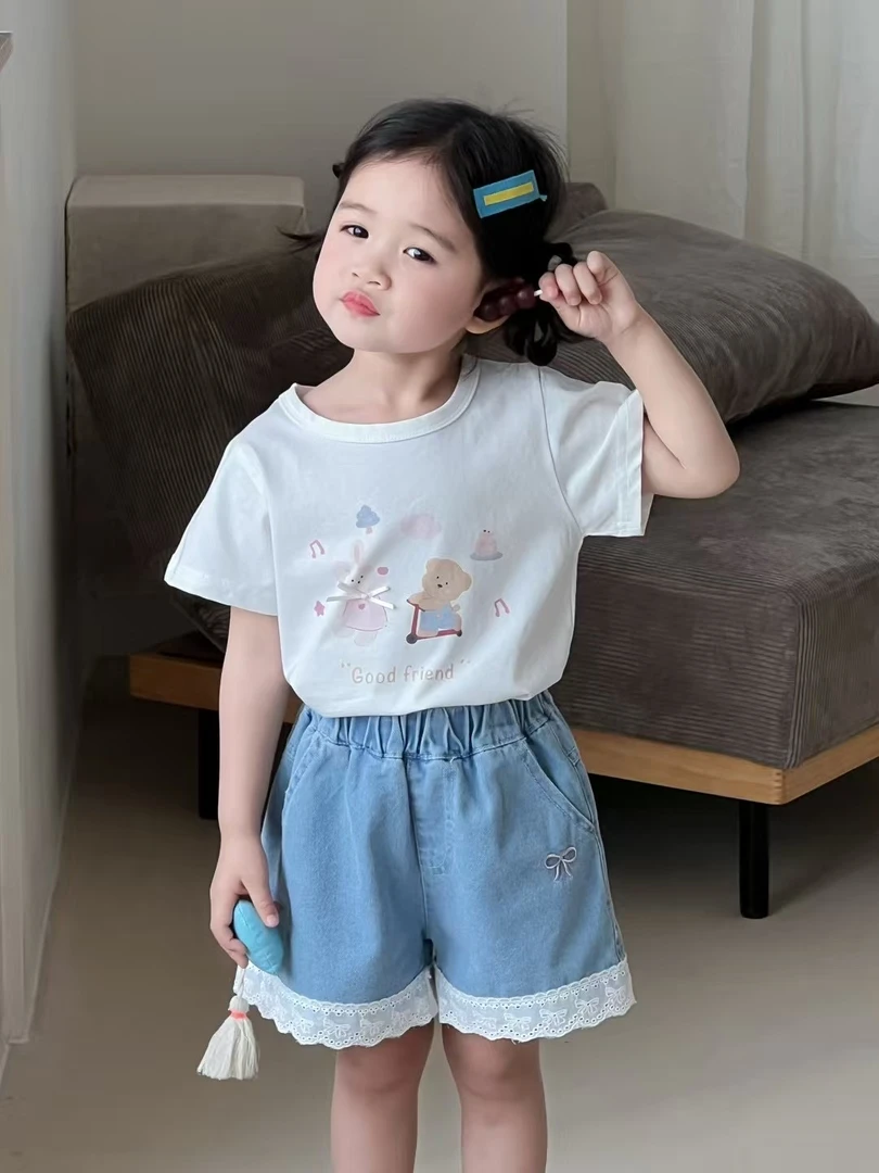 【XTL】2025新夏白色卡通T恤牛仔短裤套装88013