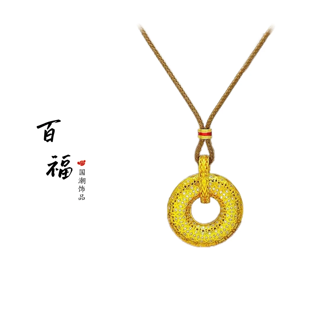 合金吊坠 铺家满钻钱币平安扣吊坠金色镶钻平安扣坠链国潮饰品