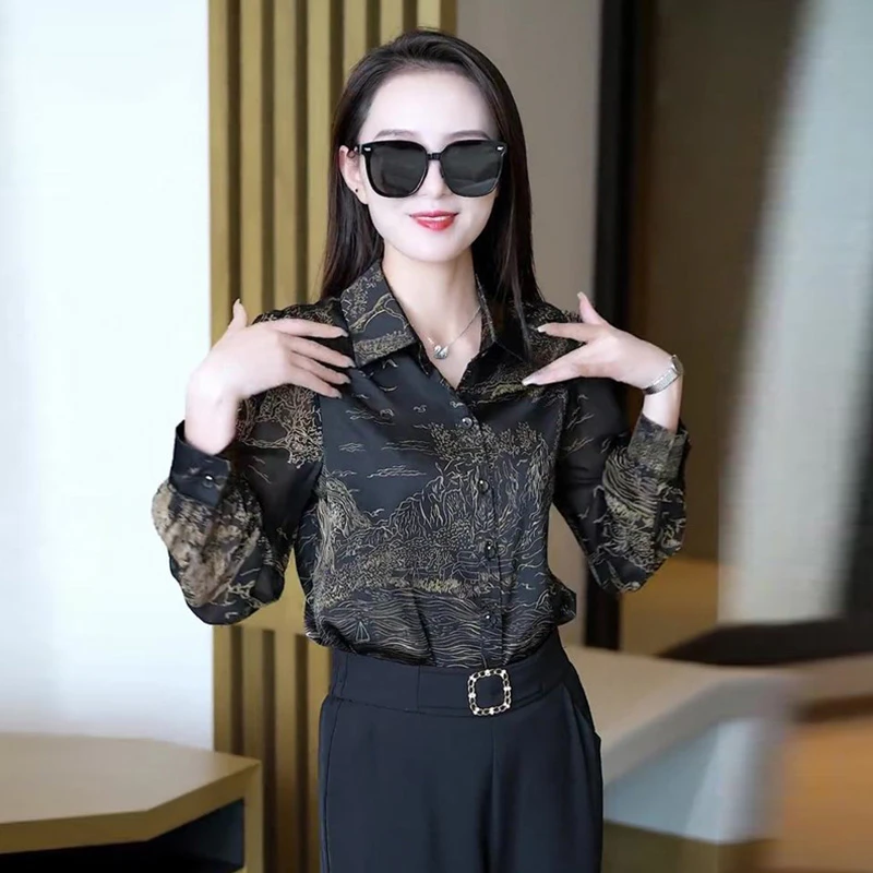 山水画设计感时尚洋气衬衫女装2025夏季新款宽松遮肉防晒长袖衬衣