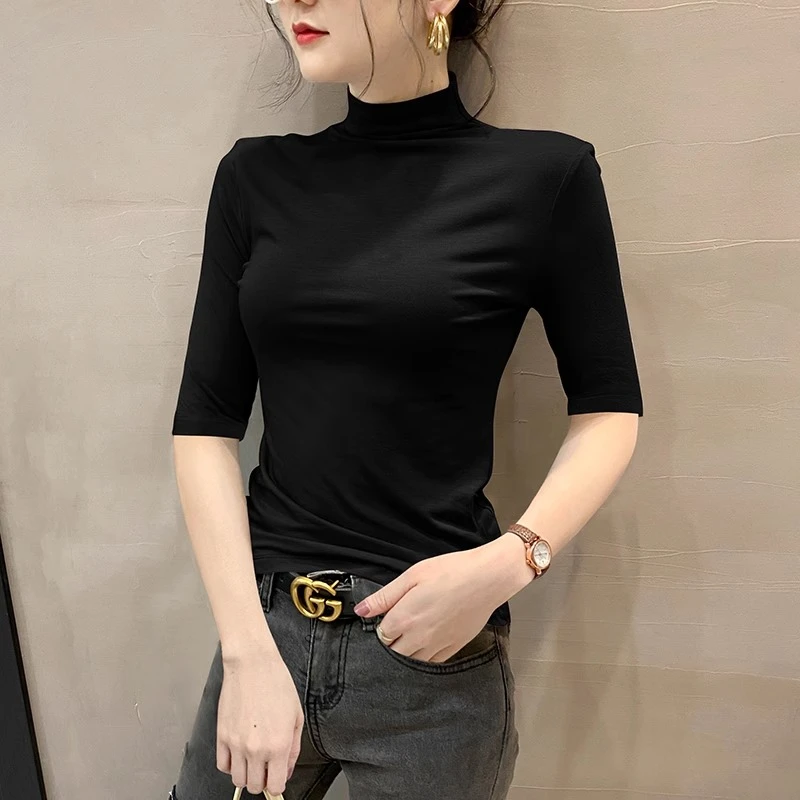 莫代尔中袖打底衫女半高领修身内搭2025新款五分袖春夏洋气上衣潮