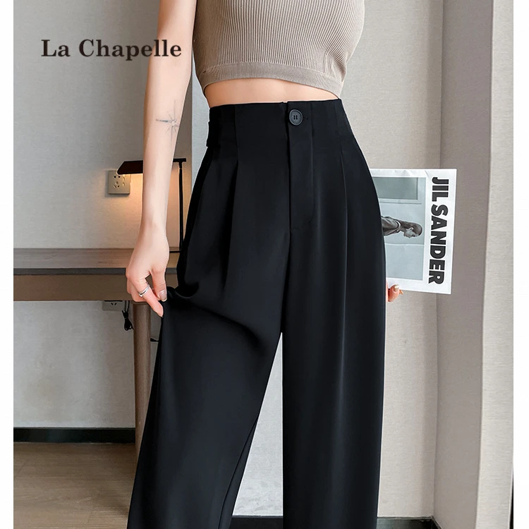 拉夏贝尔夏季女时尚高腰直筒拖地垂感窄版休闲阔腿西装裤