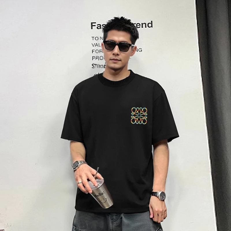 【轻奢男装-彩红刺绣c2】T2107夏季新款时尚刺绣简约潮流百搭T恤