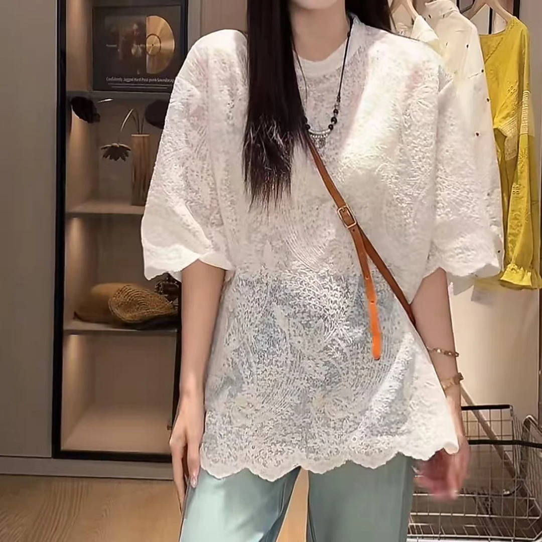 设计感蕾丝刺绣压花短袖t恤女2025夏季中长款微透宽松气质上衣