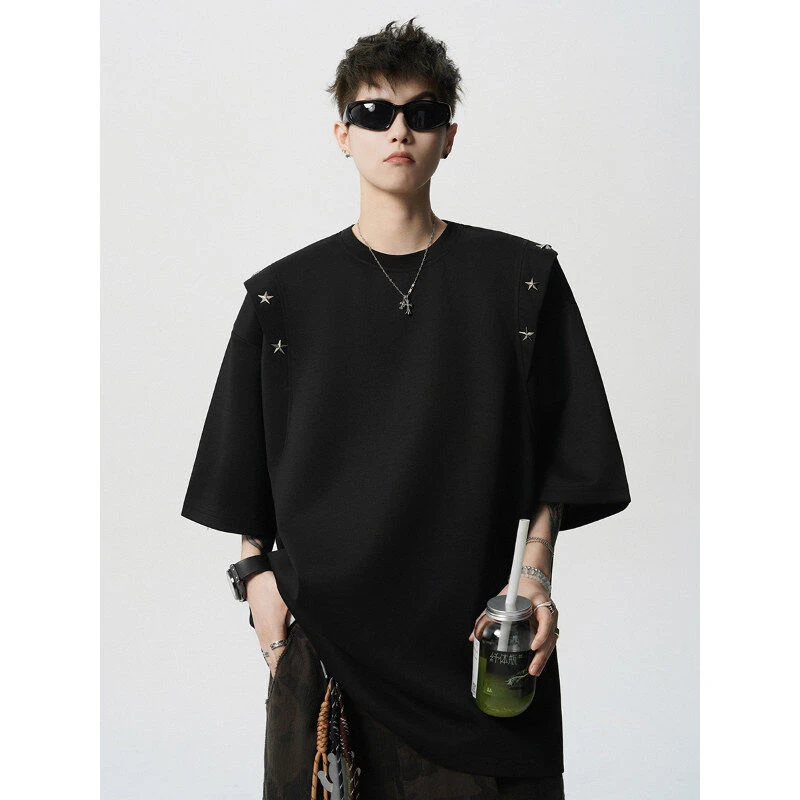 美式高街重磅解构短袖t恤男款加肥加大码假两件五分袖上衣男夏季