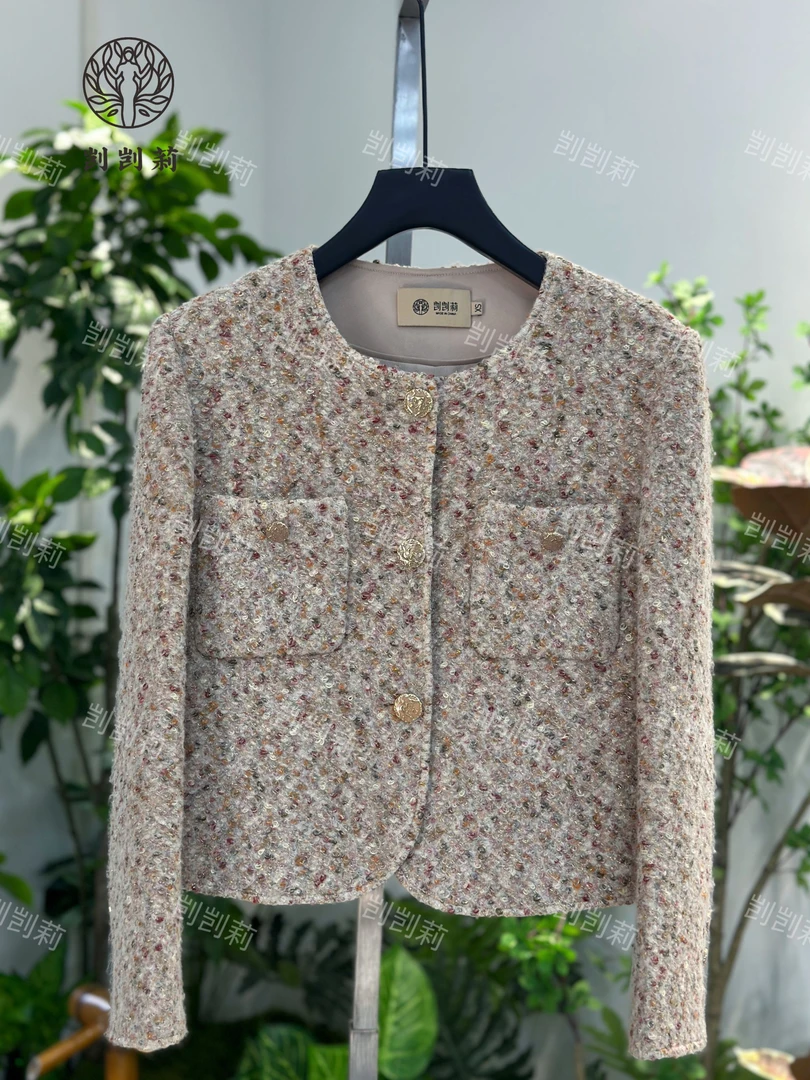 剀剀莉 秋季新款（藜麦）米金色绵羊毛圆领轻奢气质外套（0-15度穿）