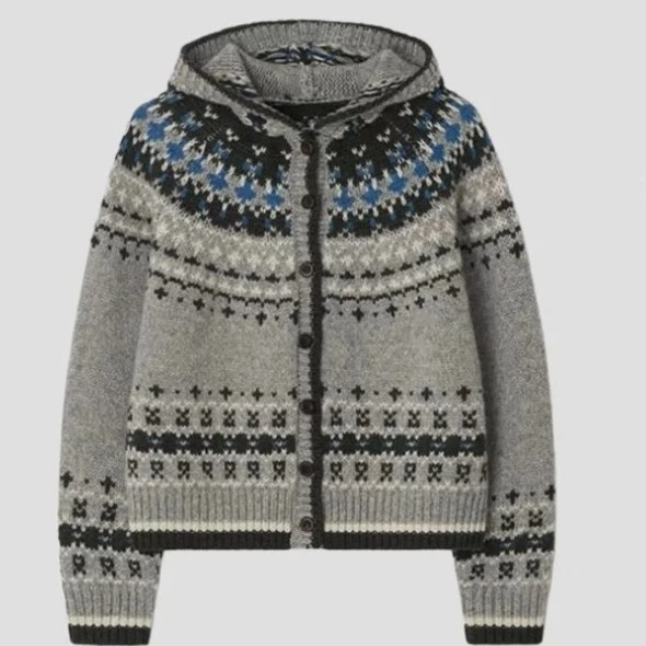 复古费尔岛连帽针织开衫女秋冬季设计感宽松显瘦软糯毛衣外套9901