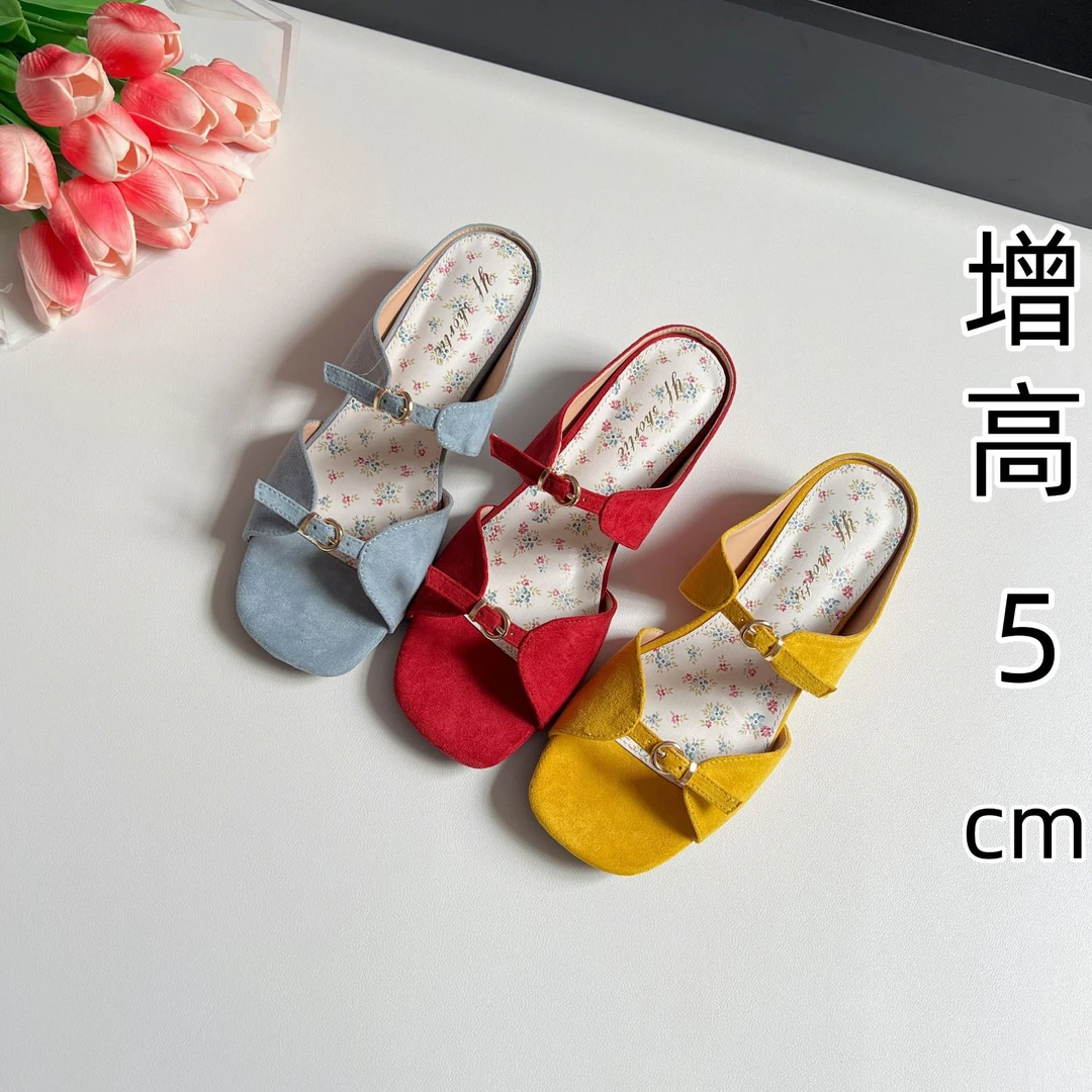 内增高女鞋法式碎花露趾凉拖鞋夏季外穿配裙子的一字扣带坡跟凉鞋