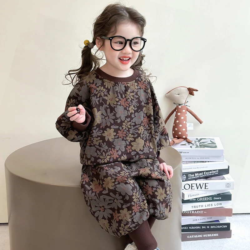 女童春秋季卫衣套装洋气韩版简约两件套儿童春季复古小女孩女宝宝