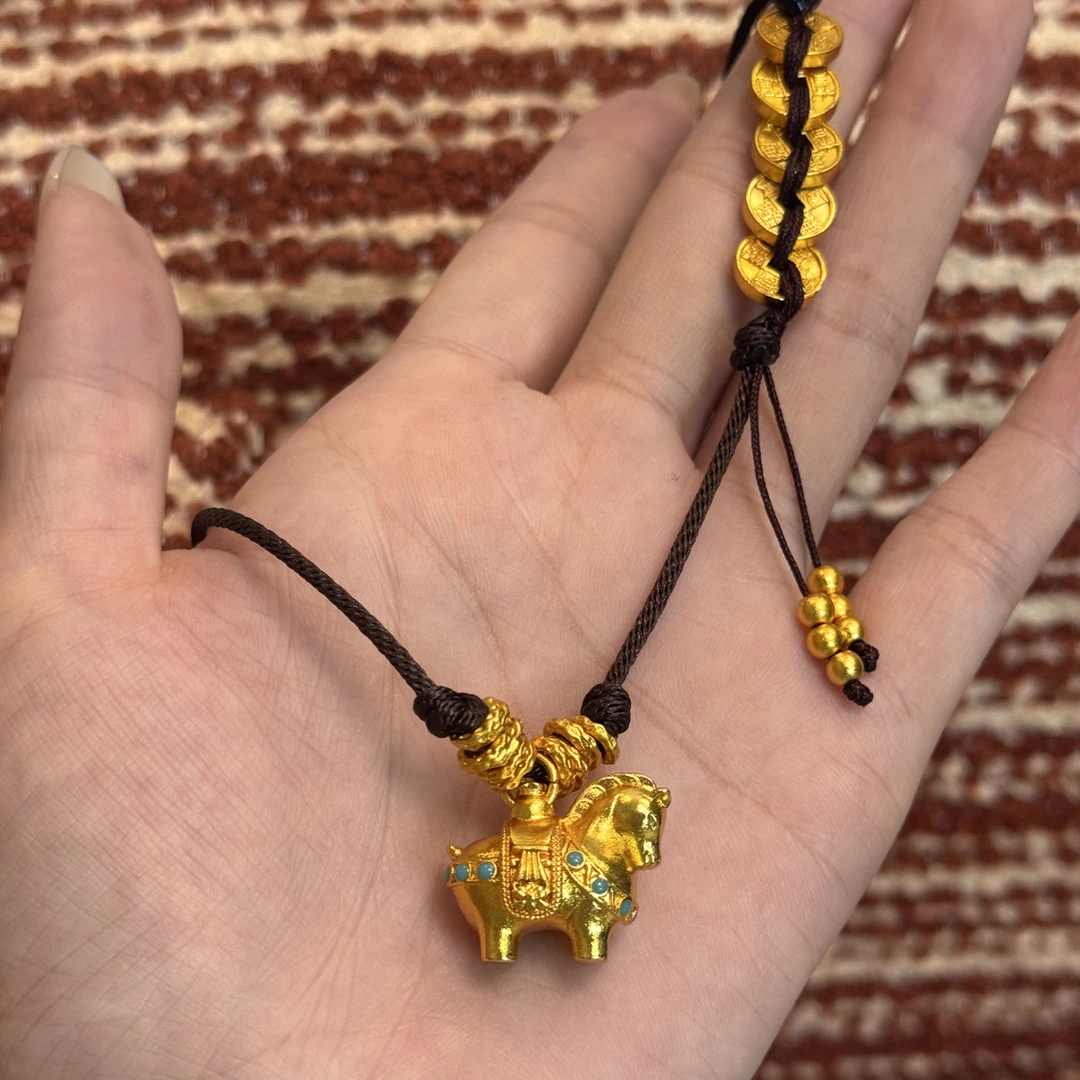 铜合金棉绳项链 「唐马五帝钱」马上有钱镀k金手工编绳毛衣链（25克）