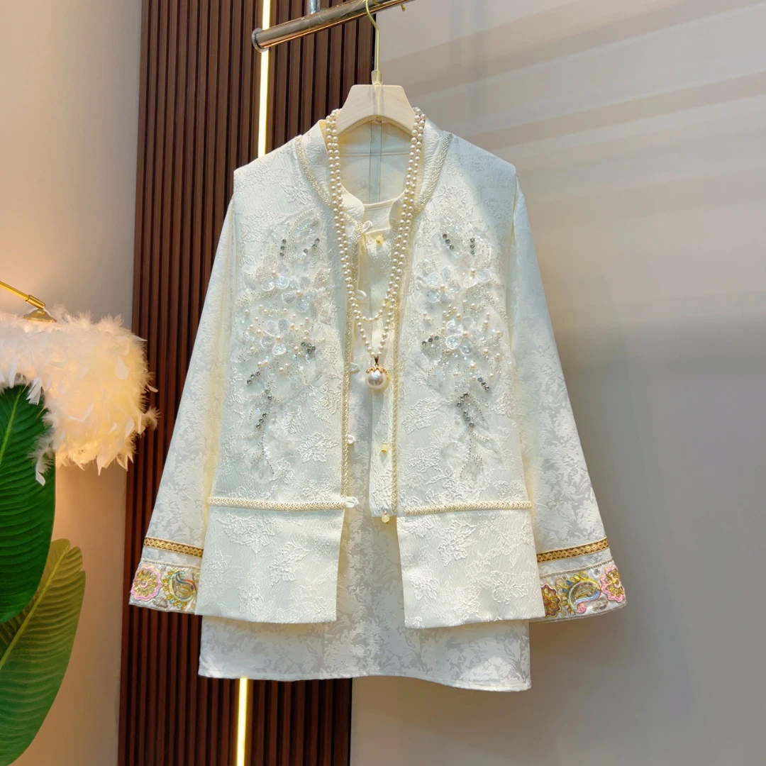 早春气质国风盘扣刺绣小花套装（马甲+打底衫）套装5120+5123