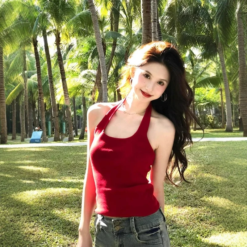 独特绝美红色小吊带内搭女夏外穿遮副乳针织背心法式辣妹挂脖上衣