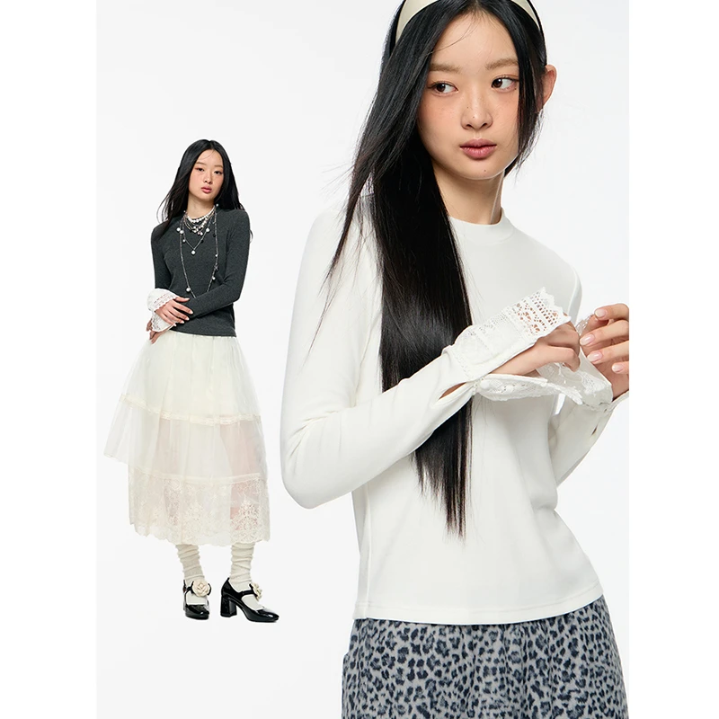 「PINPINPLUS」蕾丝鉴赏袖口蕾丝花边纯欲叠搭打底T恤8D81101GP