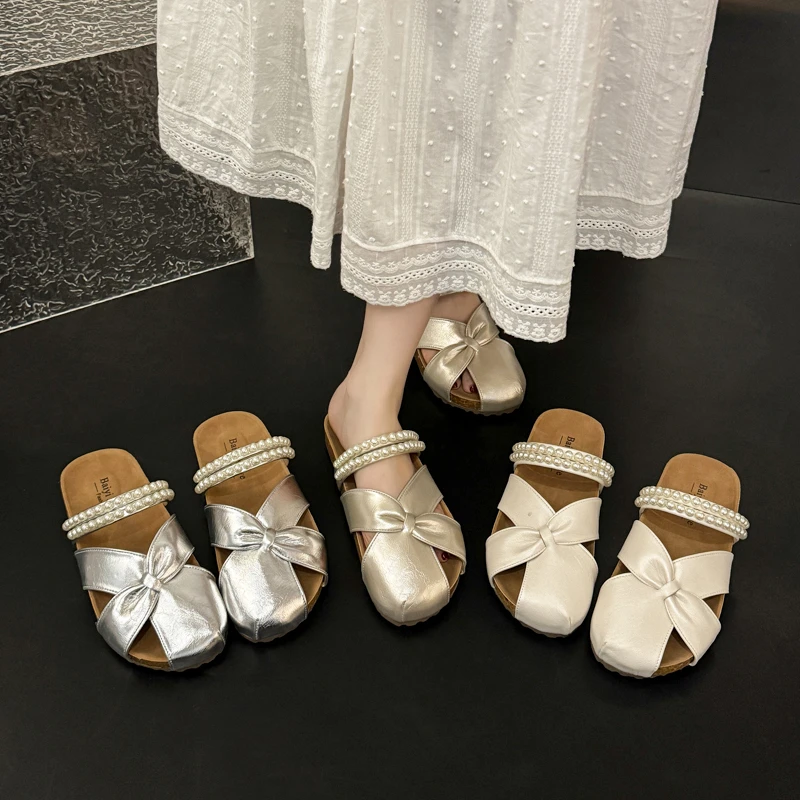 串珠包头半拖鞋女夏季外穿2025新款珍珠厚底镂空一脚蹬懒人凉拖鞋