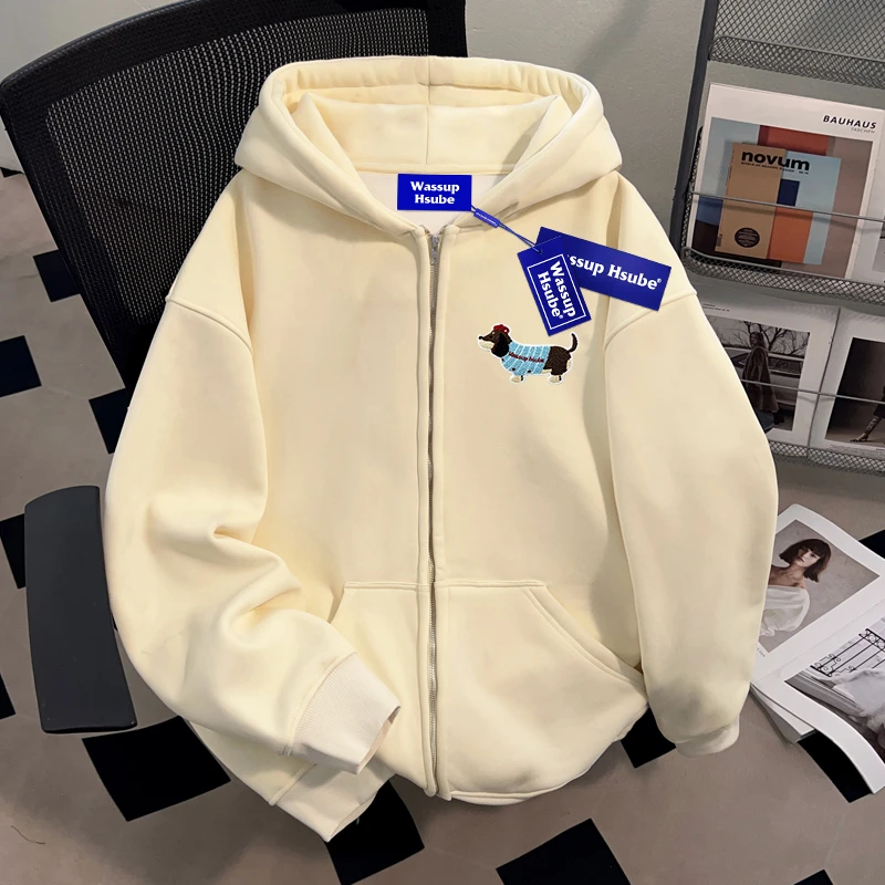 WASSUP HSUBE趣味小狗开衫连帽卫衣外套青少年百搭休闲ins上衣服