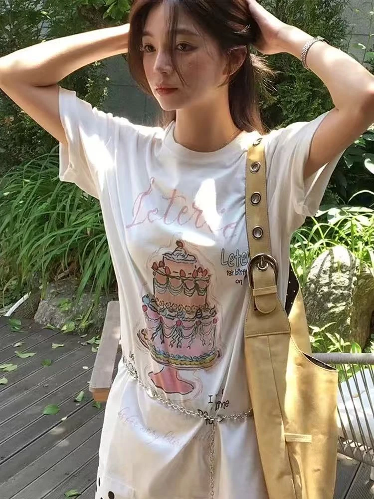 大码女装夏2025新款爆款百搭韩里韩气设计感上衣白色蛋糕印花T恤