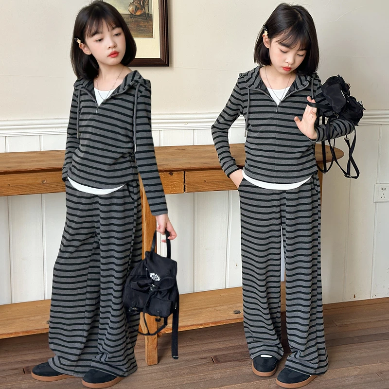 女童秋季条纹套装2025新款洋气女大童秋装韩系儿童休闲裤两件套潮