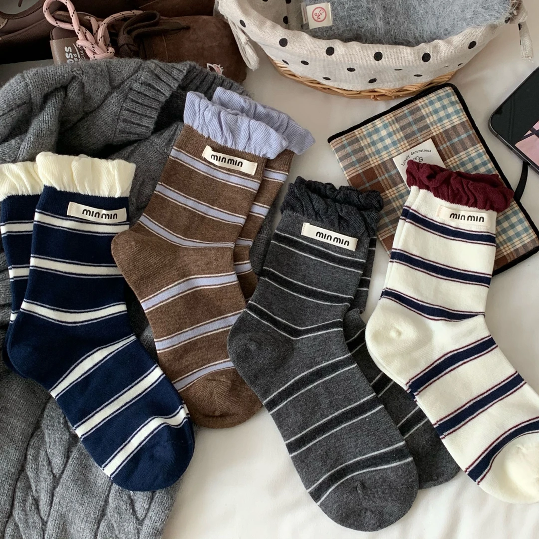 韩系泡泡口条纹秋冬中筒袜子无骨棉袜百搭ins复古堆堆女袜