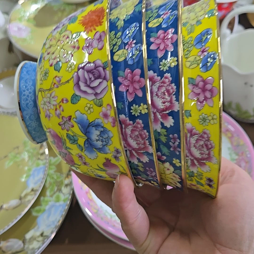 碗秋*微瑕珐琅彩万花5寸4个面碗66666