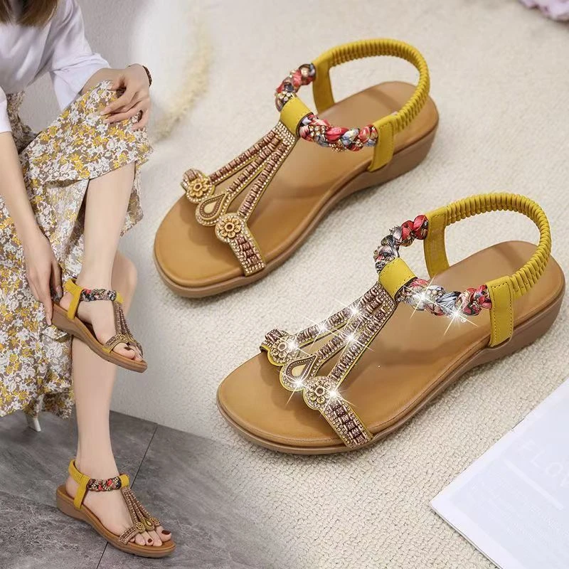 网红波西米亚夏季时尚休闲沙滩鞋女2025新款软皮凉鞋坡跟欧美风