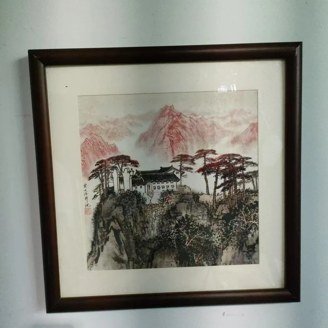 【418】40*40长征第一关图纯实木框茶室书房家居装饰挂墙画胡桃色