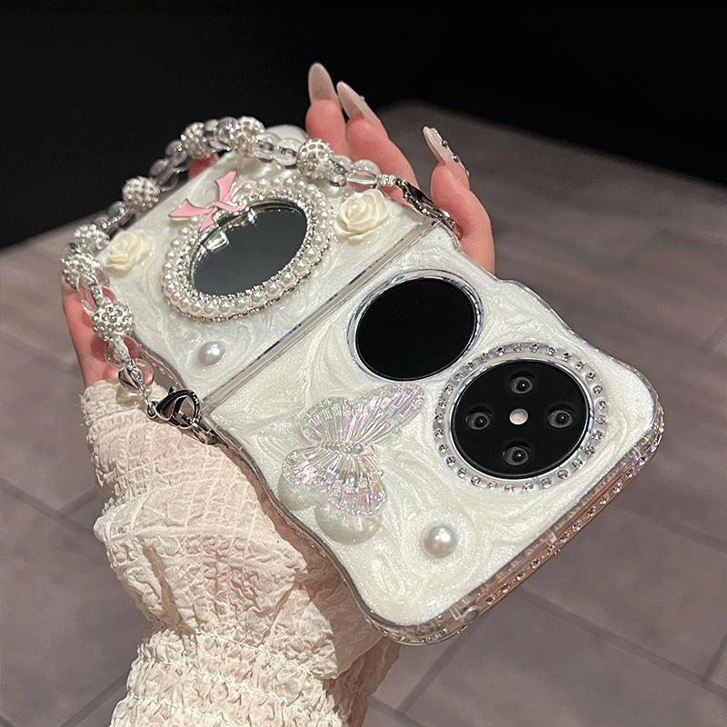 适用华为P50 Pocket 2折叠屏手机壳高级感唯美化妆镜山茶花保护套