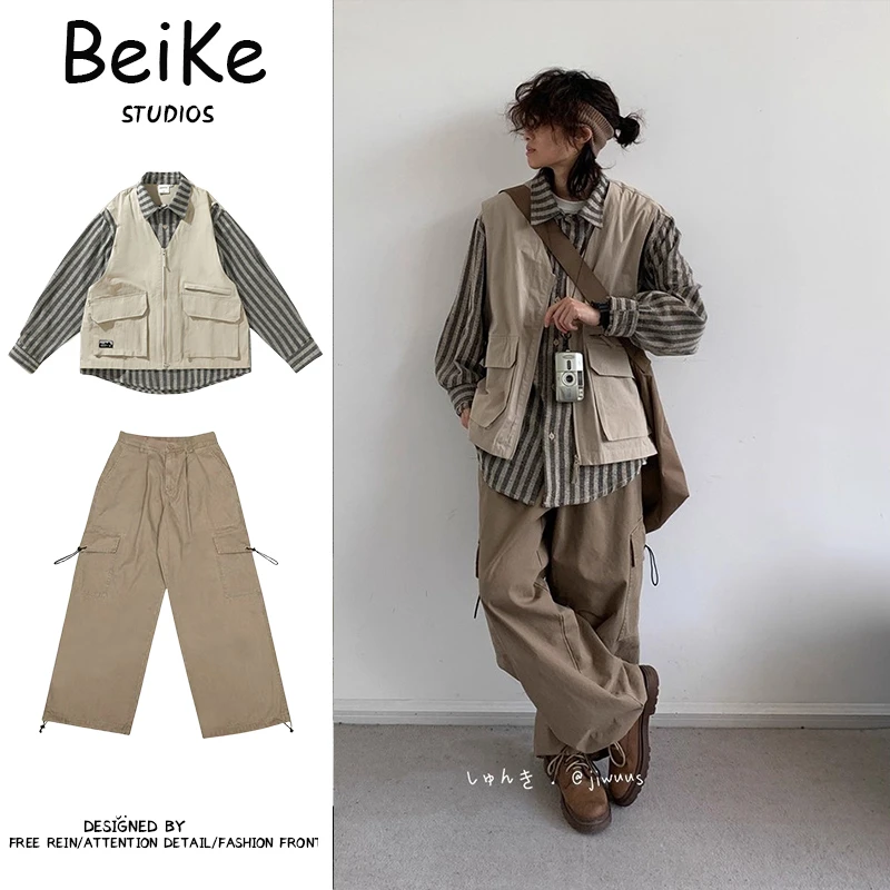 两件装/拼接款假两件工装衬衫男女生男款学院风长袖休闲外套套装