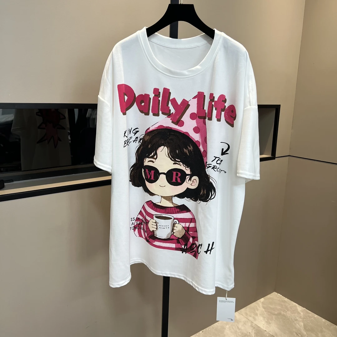 【短发小女孩】2025新款卡通手绘百搭短袖女宽松休闲时尚圆领大版