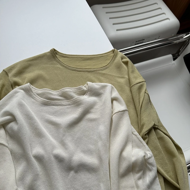 春夏百搭纯色圆领卷边长袖针织衫 轻薄透气天丝亚麻防晒衣