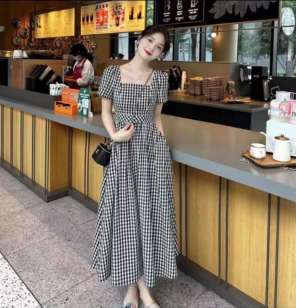 2025夏季新款法式连衣裙中长款优雅精致复古格子裙子