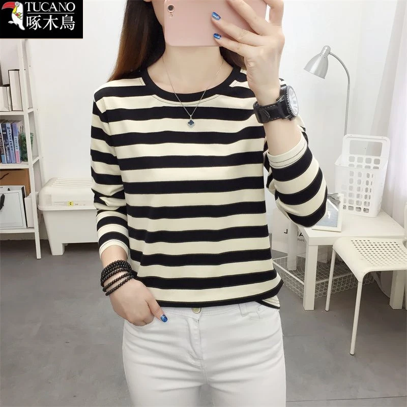 啄木鸟正品新款通勤T恤ins拼接撞色2025年春秋长袖条纹圆领上衣女