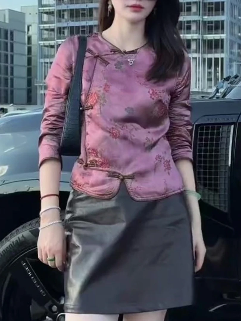 改良新中式盘扣九分袖衬衫2025年初秋新款国风紫色提花超好看上衣