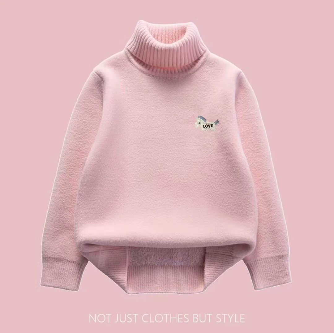 2025秋冬新款男女童装高领毛衣翻领针织衫加绒加厚一体绒打底衫