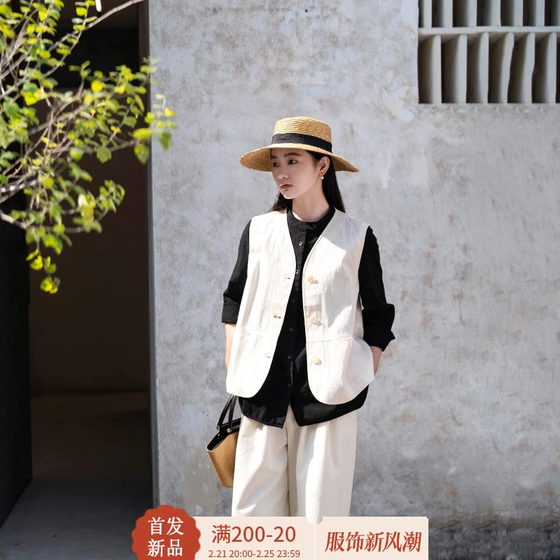 言作原创设计早春新品高密水果酵素洗新疆棉肌理复古马甲 且漫慢