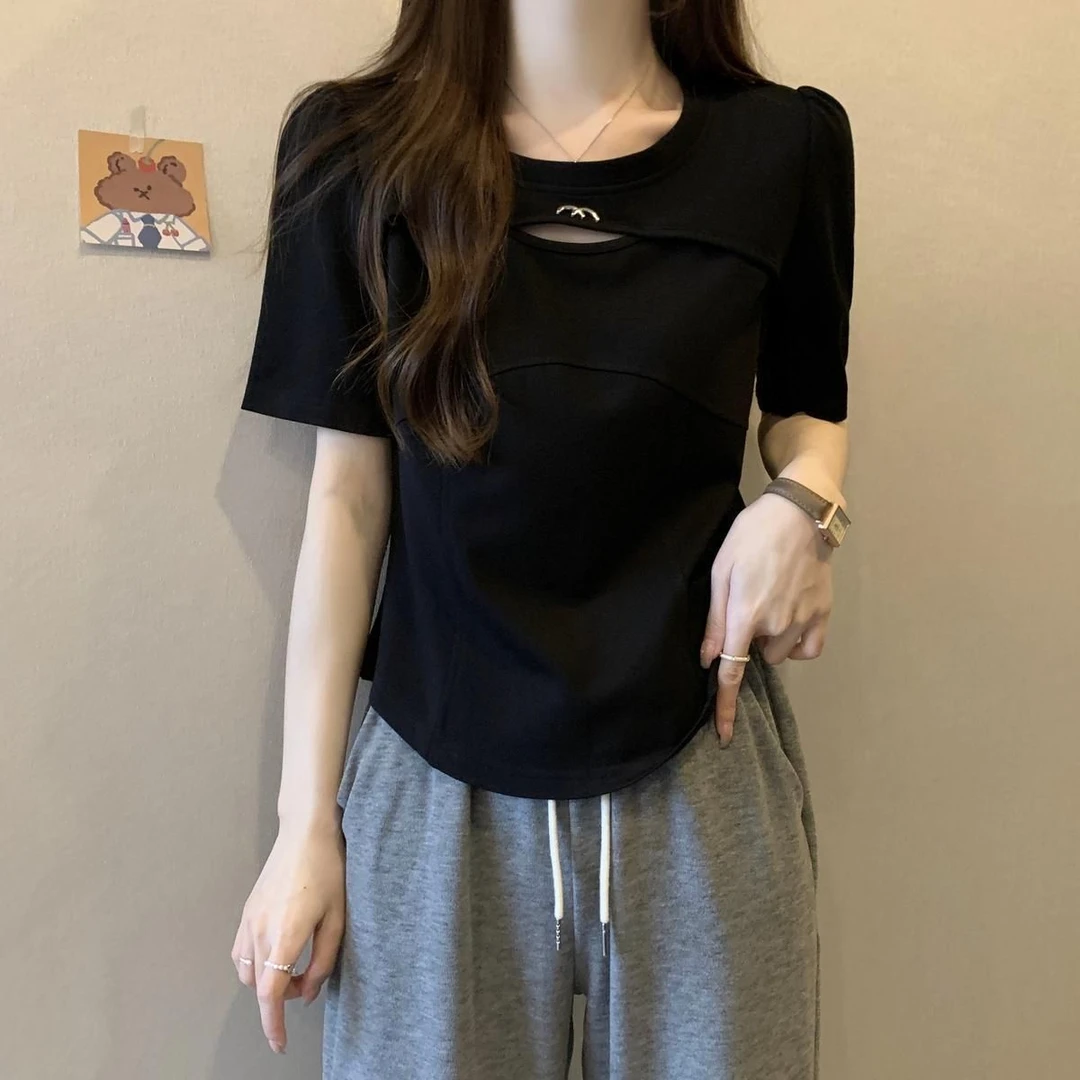 大码夏季正肩镂空短袖T恤女胖mm显瘦遮肚子洋气独特别致半袖上衣