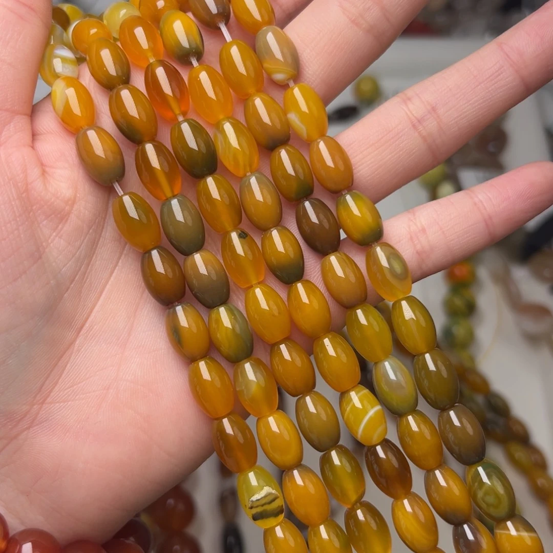 玛瑙/玉髓合金珠宝半成品L563。8mm鸡蛋黄天然缠丝玛瑙桶珠一条