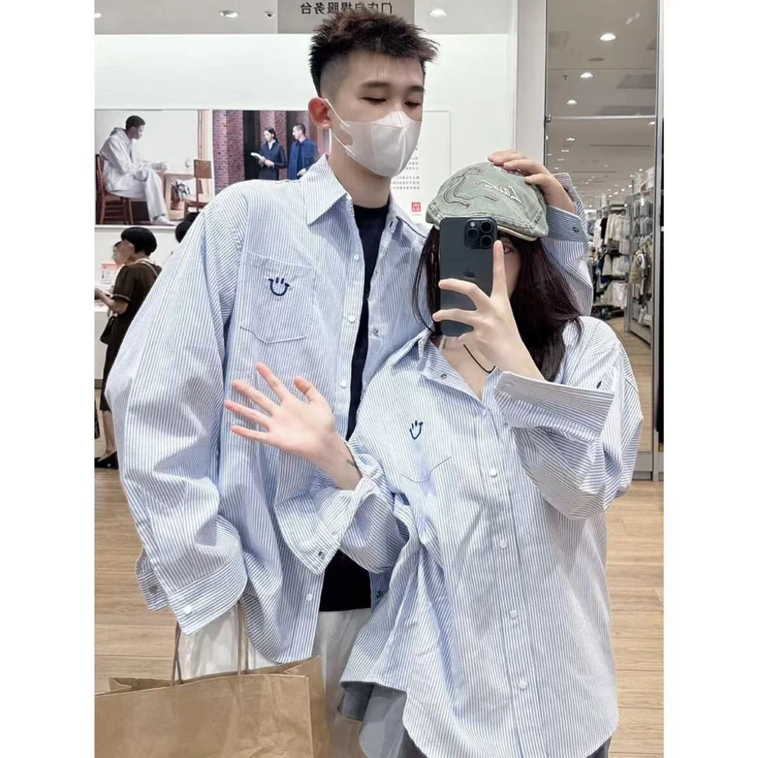 美式条纹情侣长袖衬衫女春季潮牌宽松笑脸刺绣衬衣学院风休闲外套