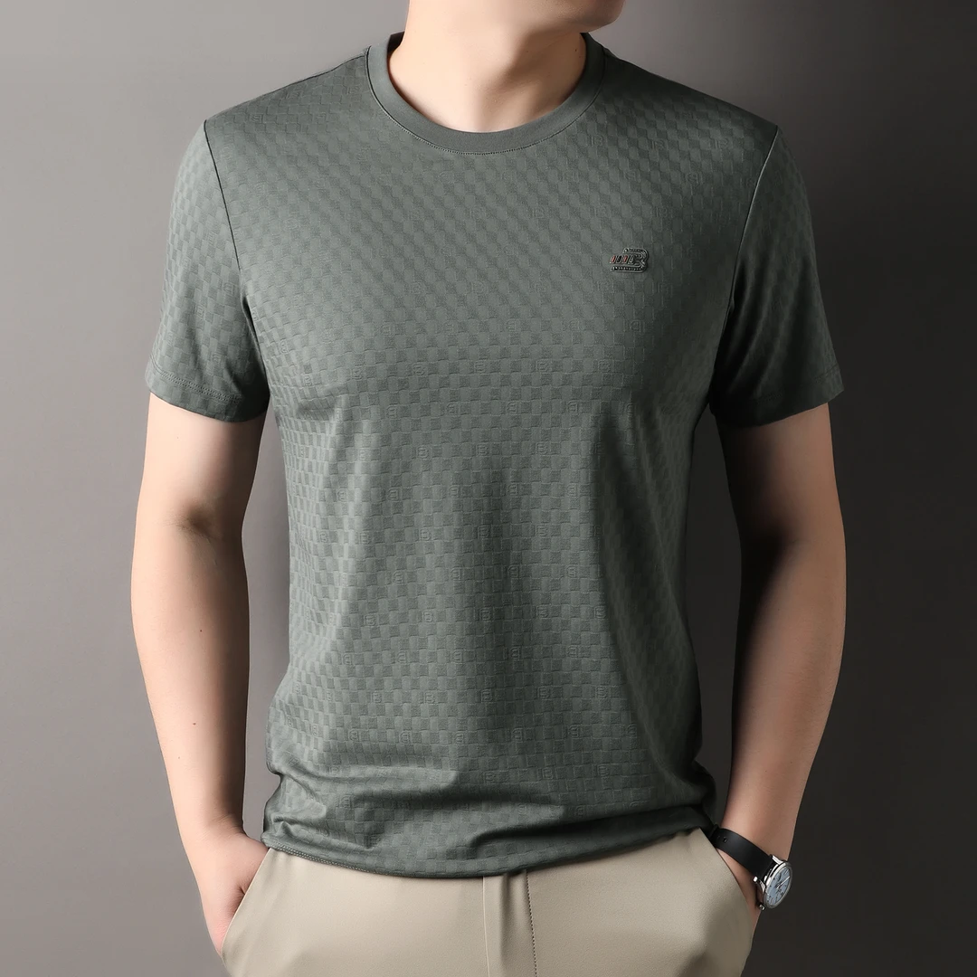 SIRBULFUN/先生布凡丝光棉格纹提花男士圆领套头短袖T恤薄款上衣