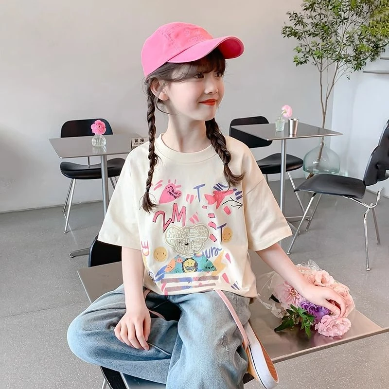 女童T恤夏季薄款短袖字母小熊印花百搭纯棉短袖T恤韩版女孩中大童