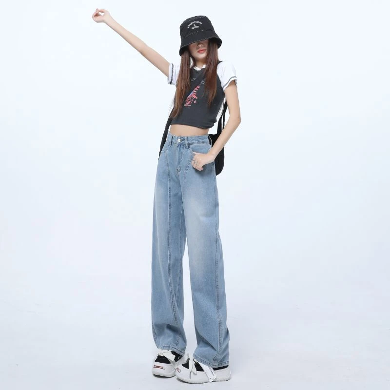 复古窄版阔腿牛仔裤女春夏2025新款高腰垂感宽松香蕉弯刀裤子