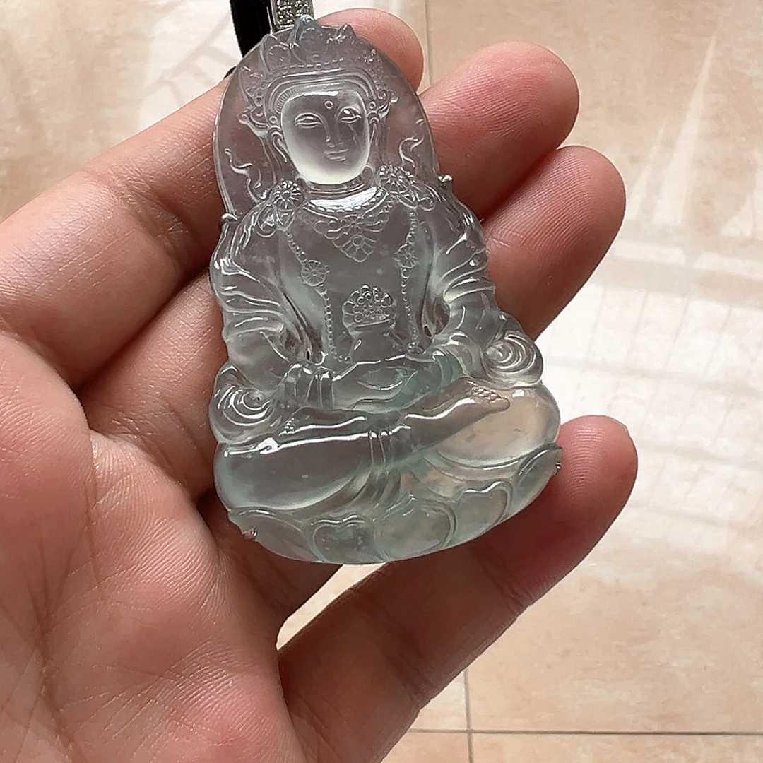 翡翠18K金镶嵌颈饰一**过高冰黑杠度母