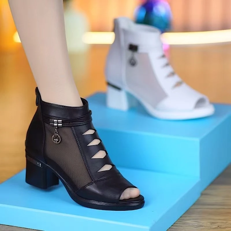 中年凉鞋高帮女鱼嘴罗马妈妈鞋凉靴透气女士镂空网红厚底拖鞋女